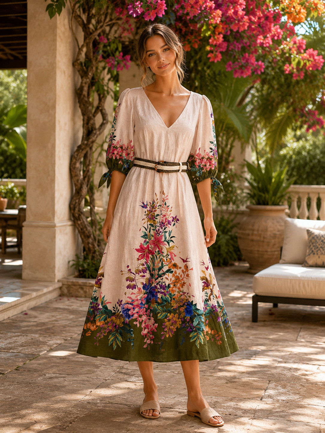 Zimmermann 100% Linen Floral Border Print Belted Midi Dress Size 2 US 8