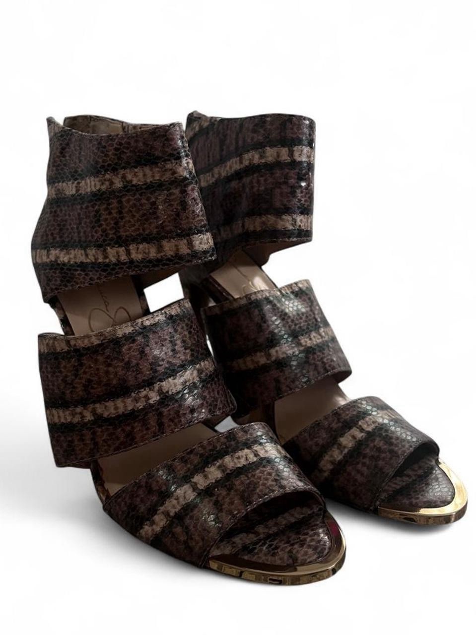 Jessica Simpson Leather Brown/Black Snake Print Strappy Open Toe Zip Heels 6.5