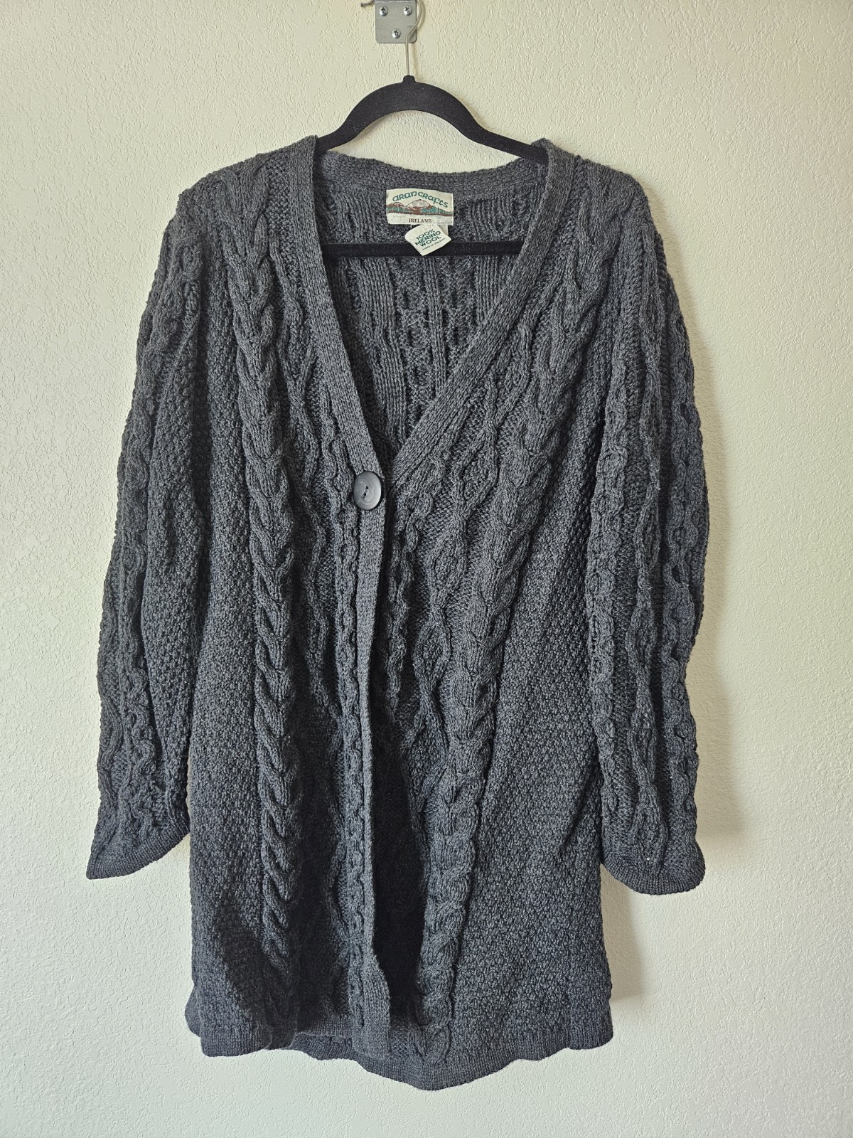 Aran Crafts Merino Wool Cardigan Size Large, Gray Cable Knit