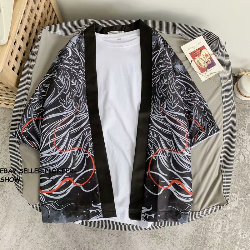 Retro Men Chinese Japanese Oriental Kimono Dragon Top Casual Shirt Hanfu Hip hop