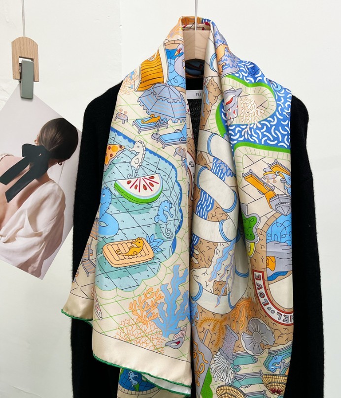 Pure Twill Silk Scarf Bandanna Large Wrap Water Park Print Square Shawl 53″