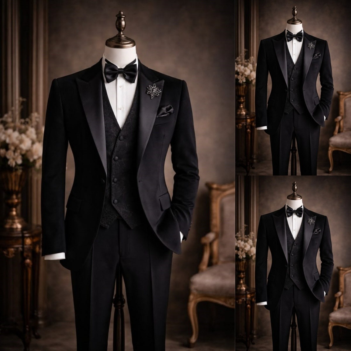 Black 3Pcs Men’s Suits Peak Lapel Formal Workwear Coat Business Casual Blazer