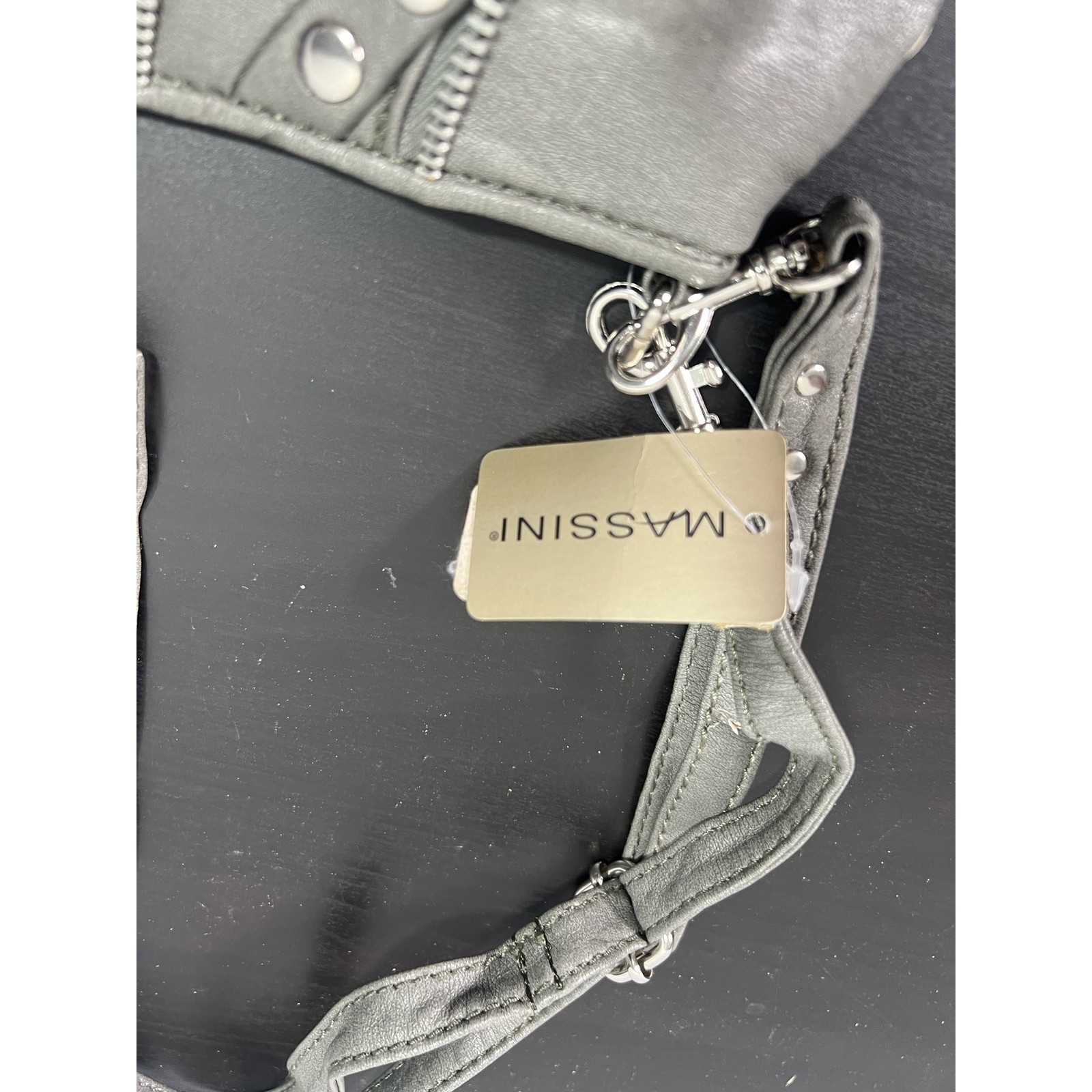 MASSINI Grey Faux Leather Studded Zipper Crossbody Shoulder Bag Handbag