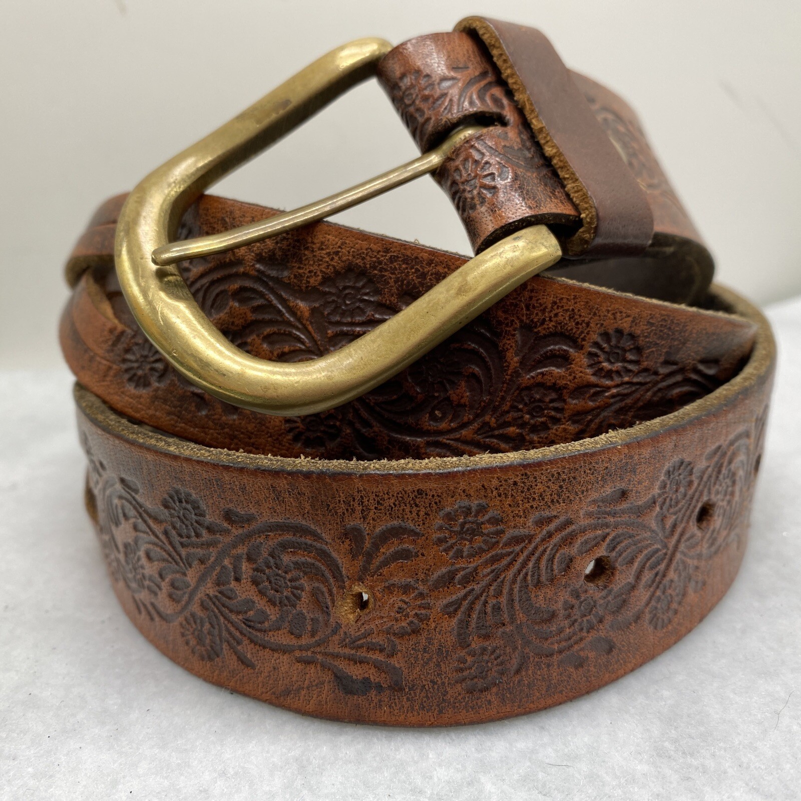 Leather Western Belt Braiding Tooling Detail ~ Brass Buckle Flowers ~40 Inches