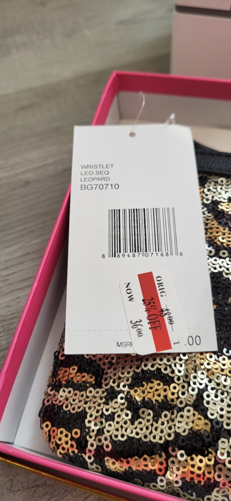 Betsy Johnson Black/gold Sequin Wristlet. NEW IN BOX