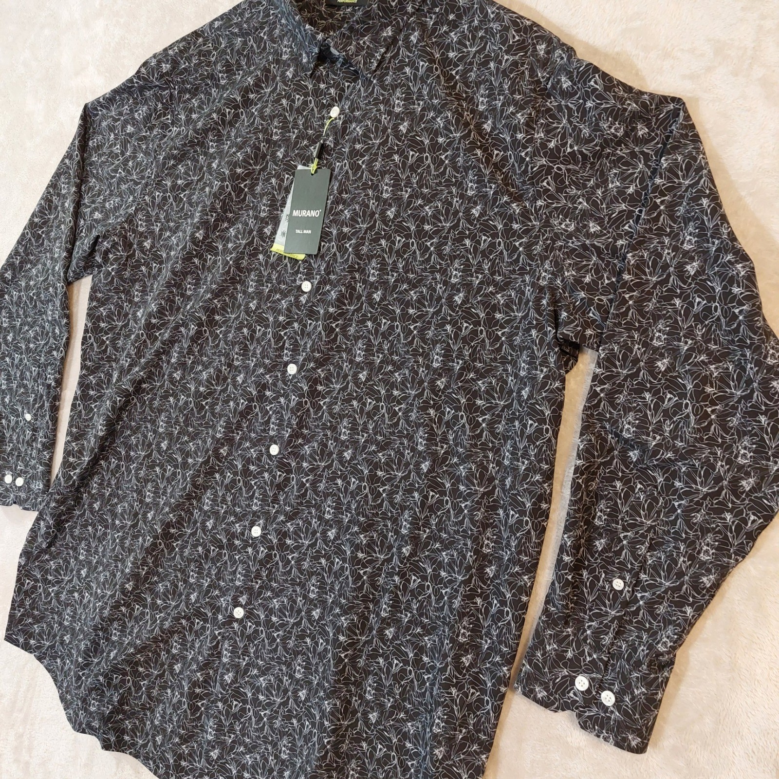 Murano Performance Tall Man Button Down Shirt Black White Floral Print 2XT