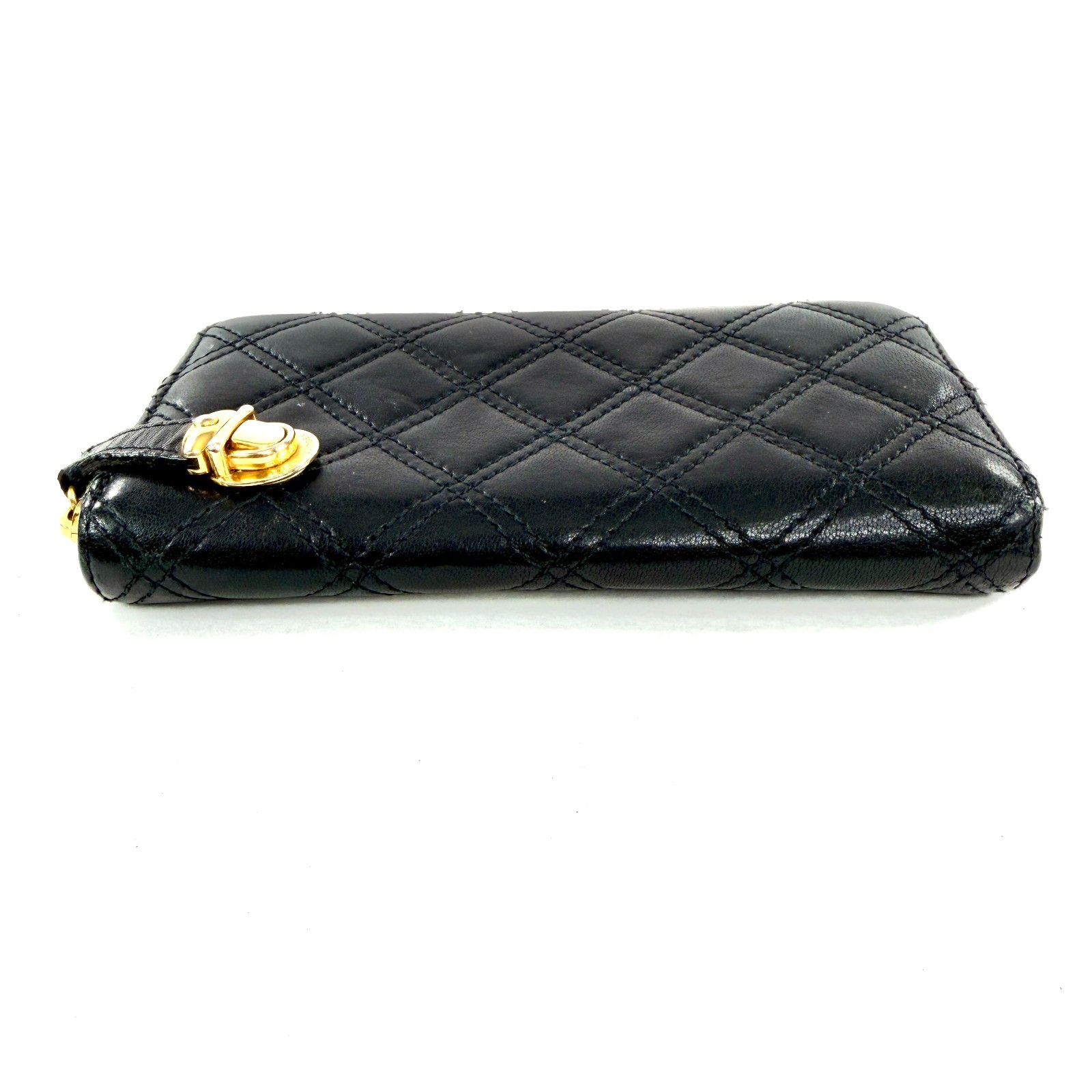 Marc Jacobs Black Quilted Leather Large Zip Around Wallet Clutch Brass Push Lock