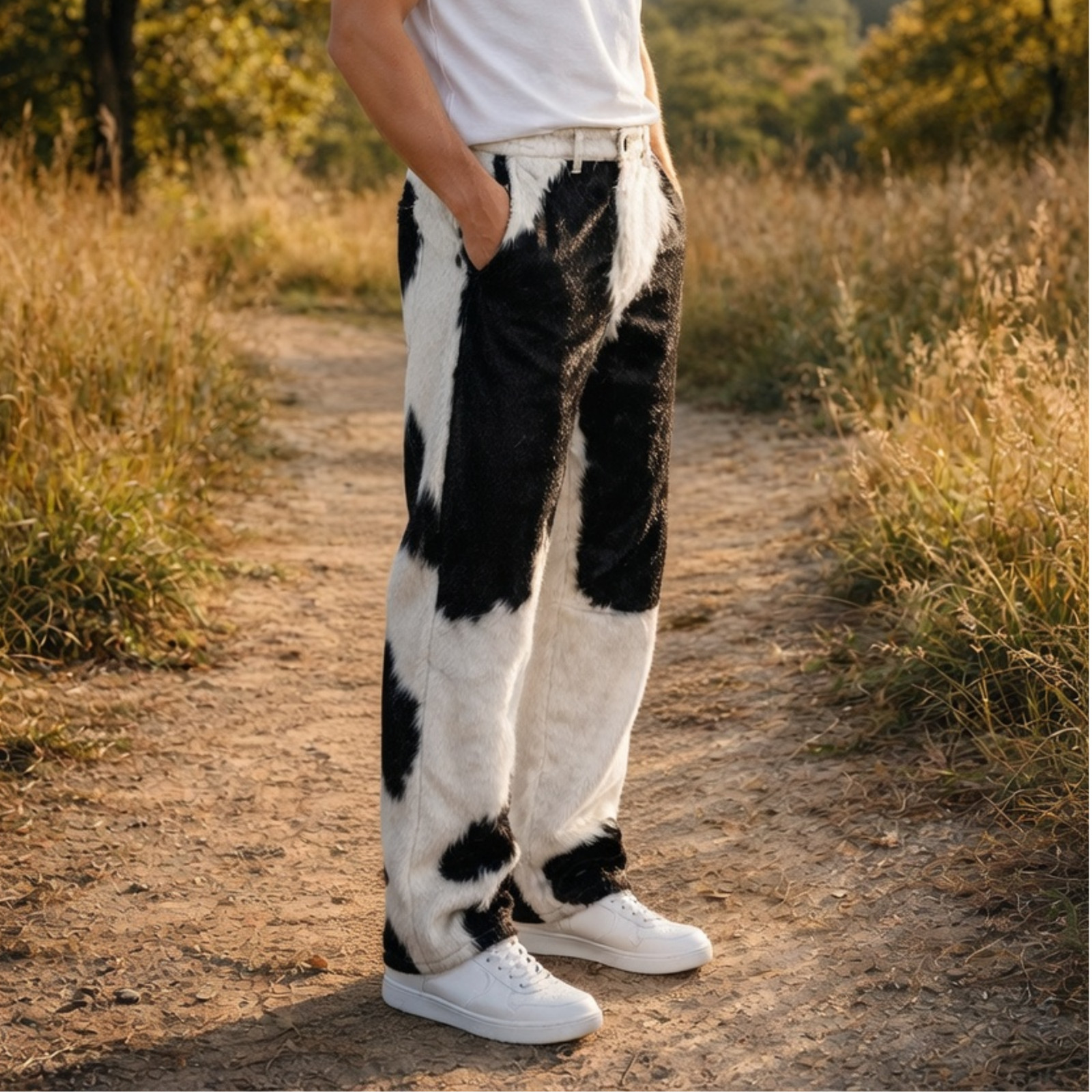 Men’s Natural Hair-On Cowhide Leather Pants – Genuine Western Style