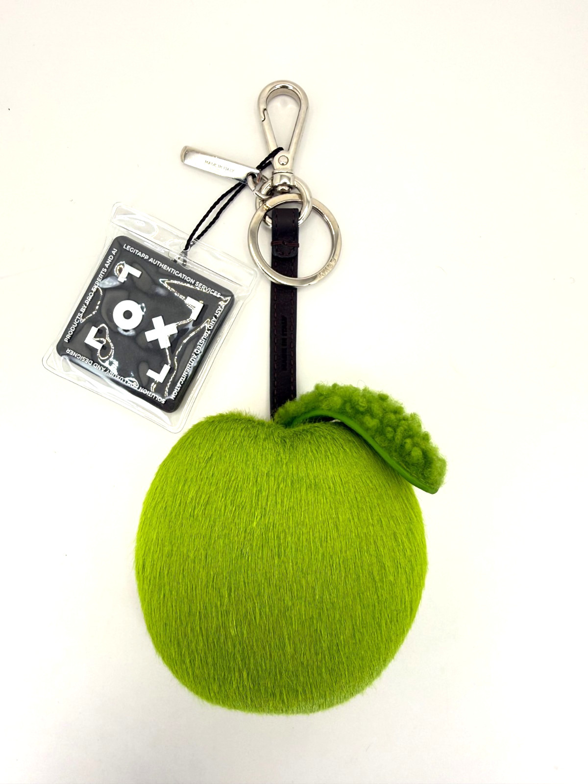 FENDI Green Apple Fur Leather Bag Charm Silver Keychain – Excellent Condition