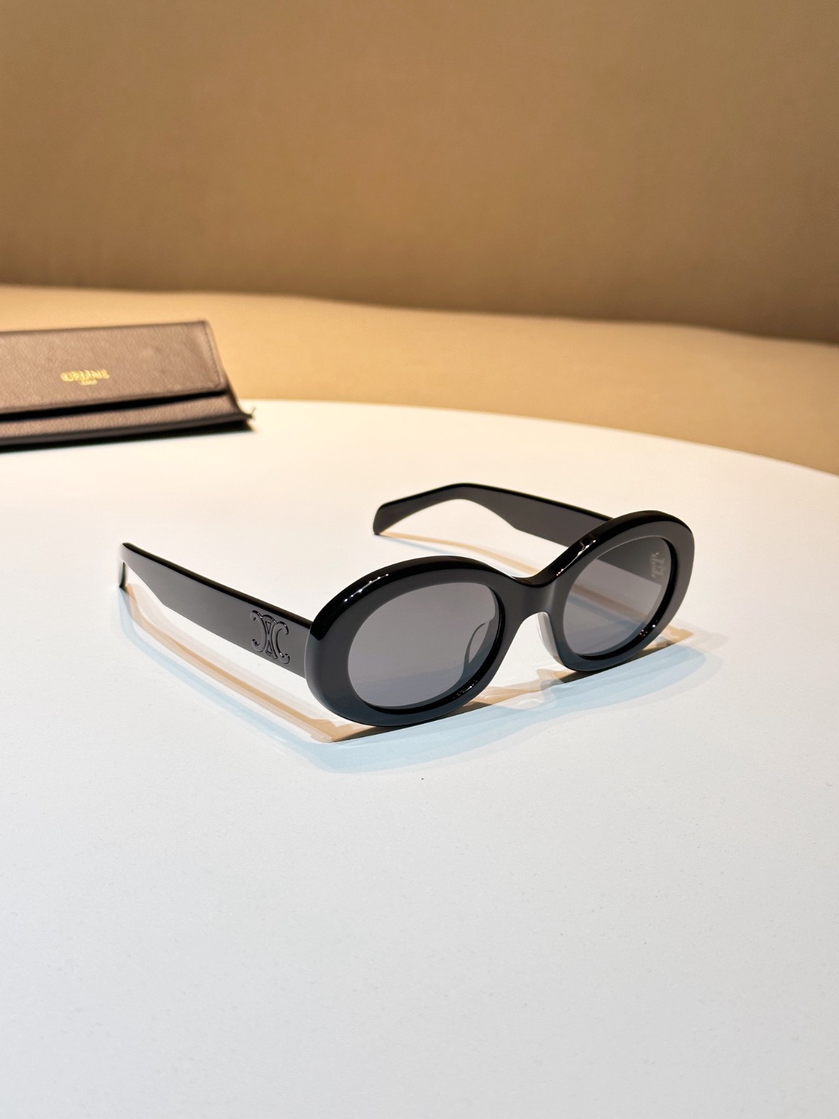 CELINE Paris Triomphe Oval Sunglasses Black Frame Black Logo Luxury
