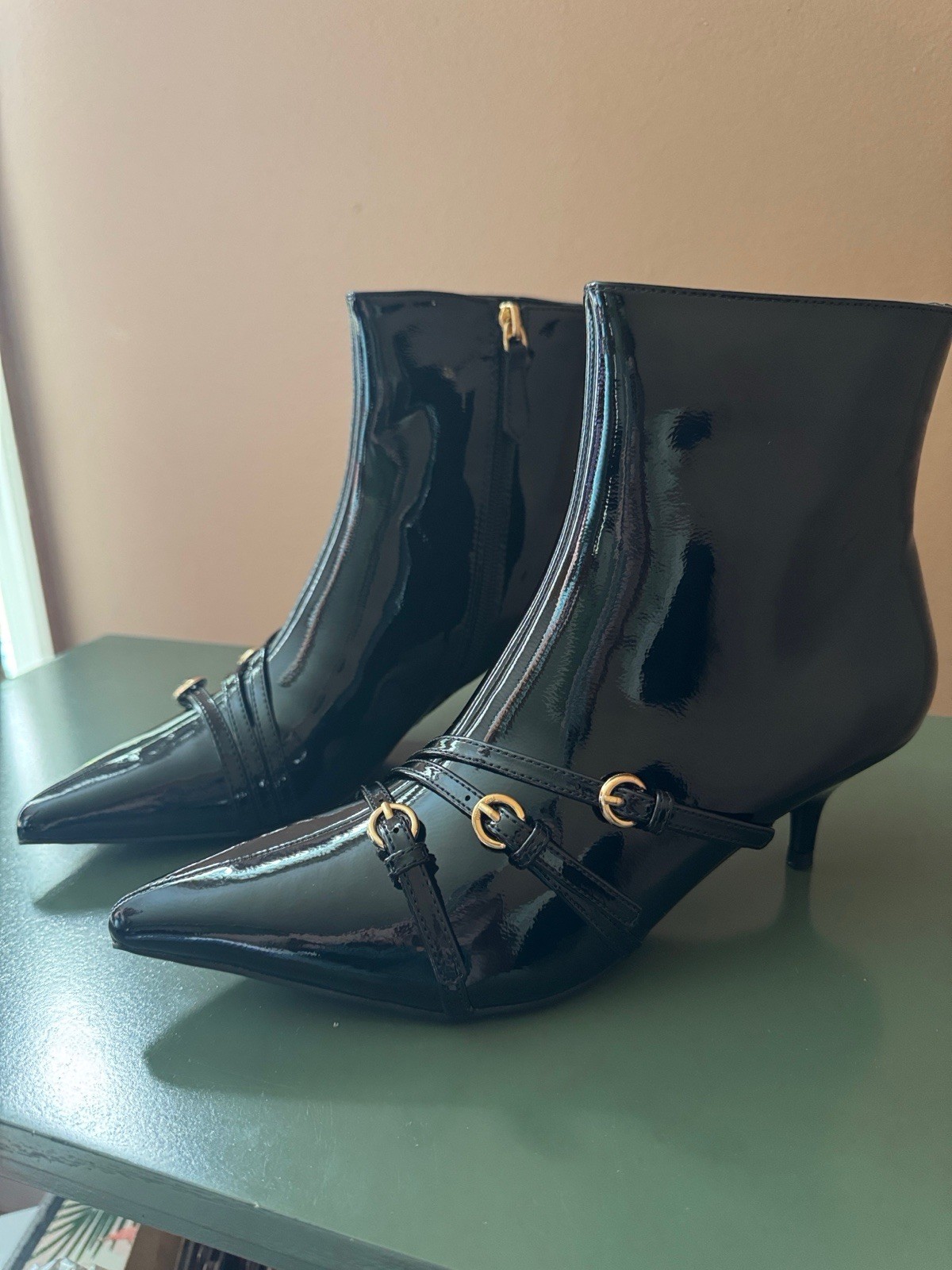 Coutgo Womens Buckle Strap Ankle Booties Kitten Low Heel Pointed Toe Size 7