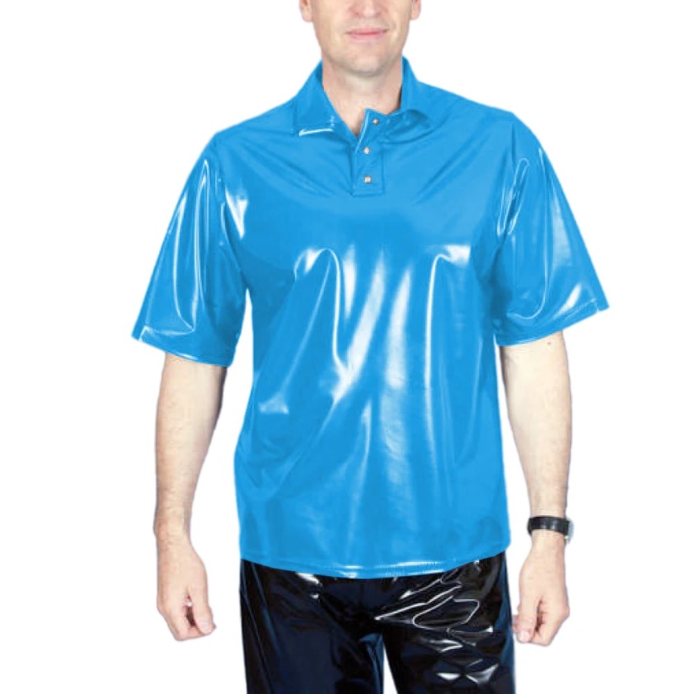 Men’s PVC Wet Look T-Shirt Turn Down Neck Button Everyday Wear Casual Loose Top