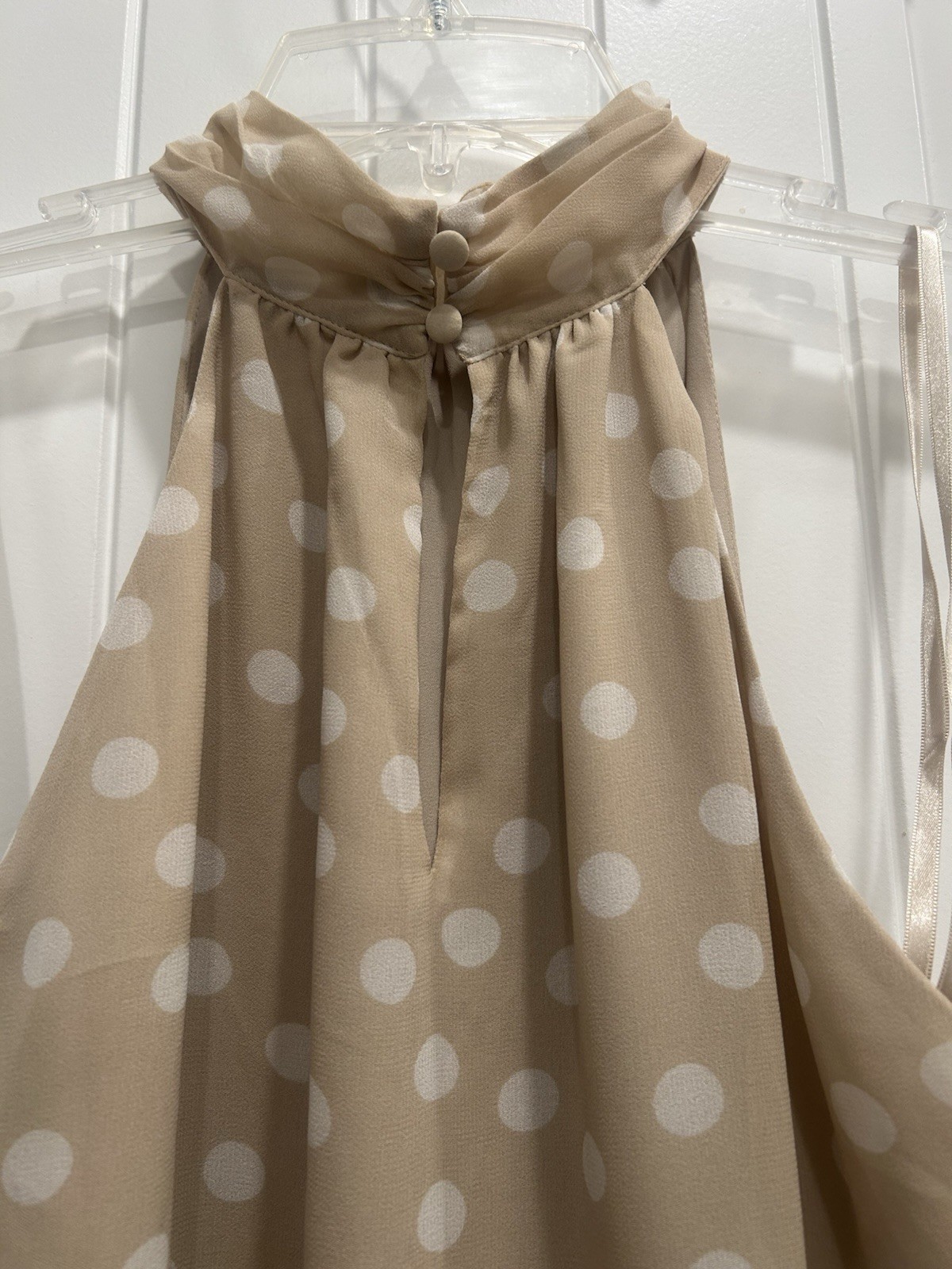 White House Black Market Polka Dot Blouse Beige/White High Neck Sleeveless S
