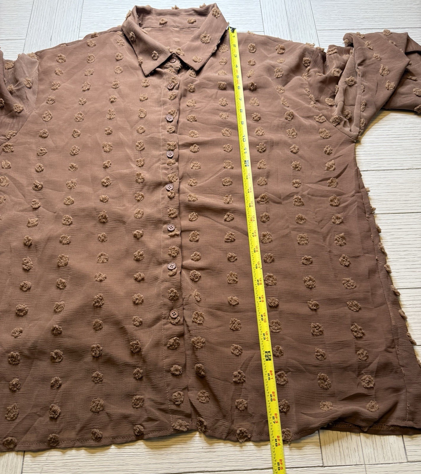 Brown Semi Sheer Swiss Dot Long Sleeve Button Up Boho Poly Collared Blouse Sz XL
