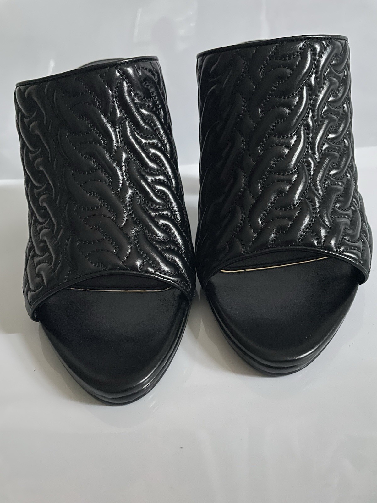 Rebecca Minkoff Black Quilted Leather Chain Open Toe Slip-On Mule Heels 10