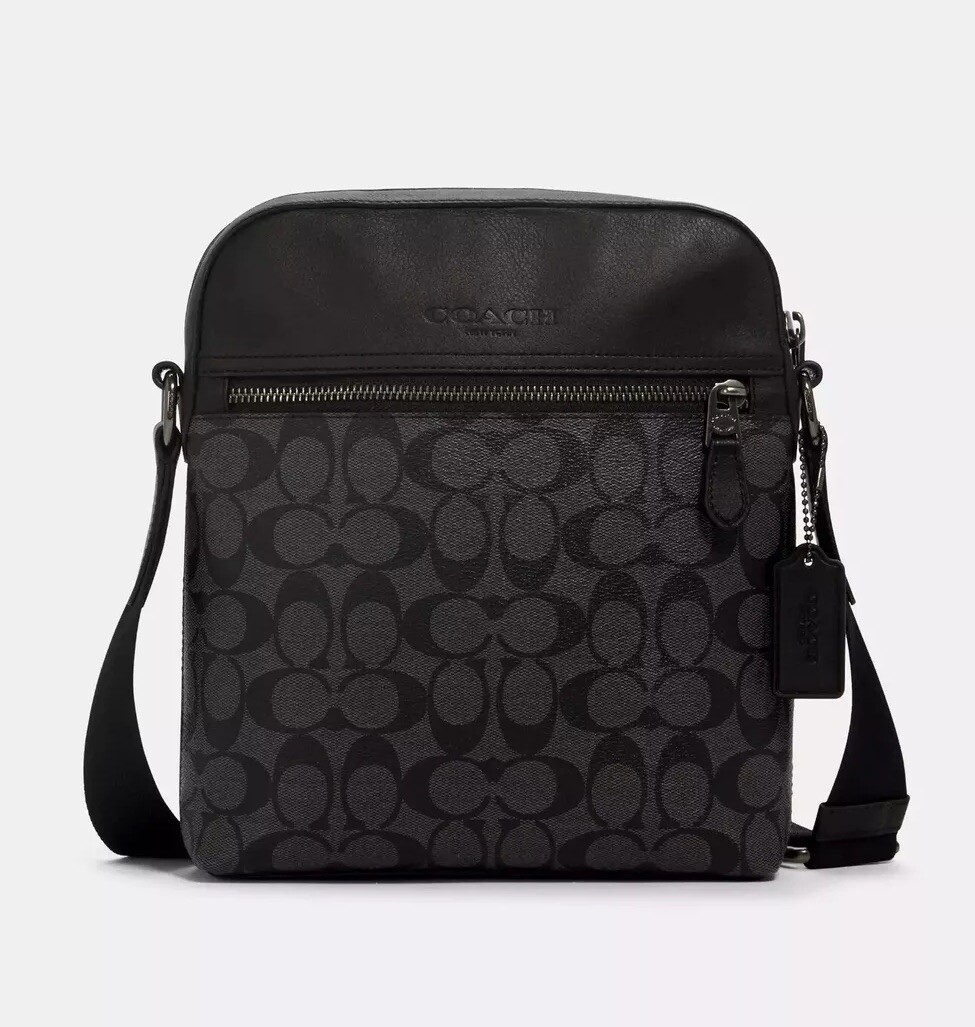NWT Coach CZ398 Men’s Houston Flight Bag Signature Canvas&Leather Charcoal Black