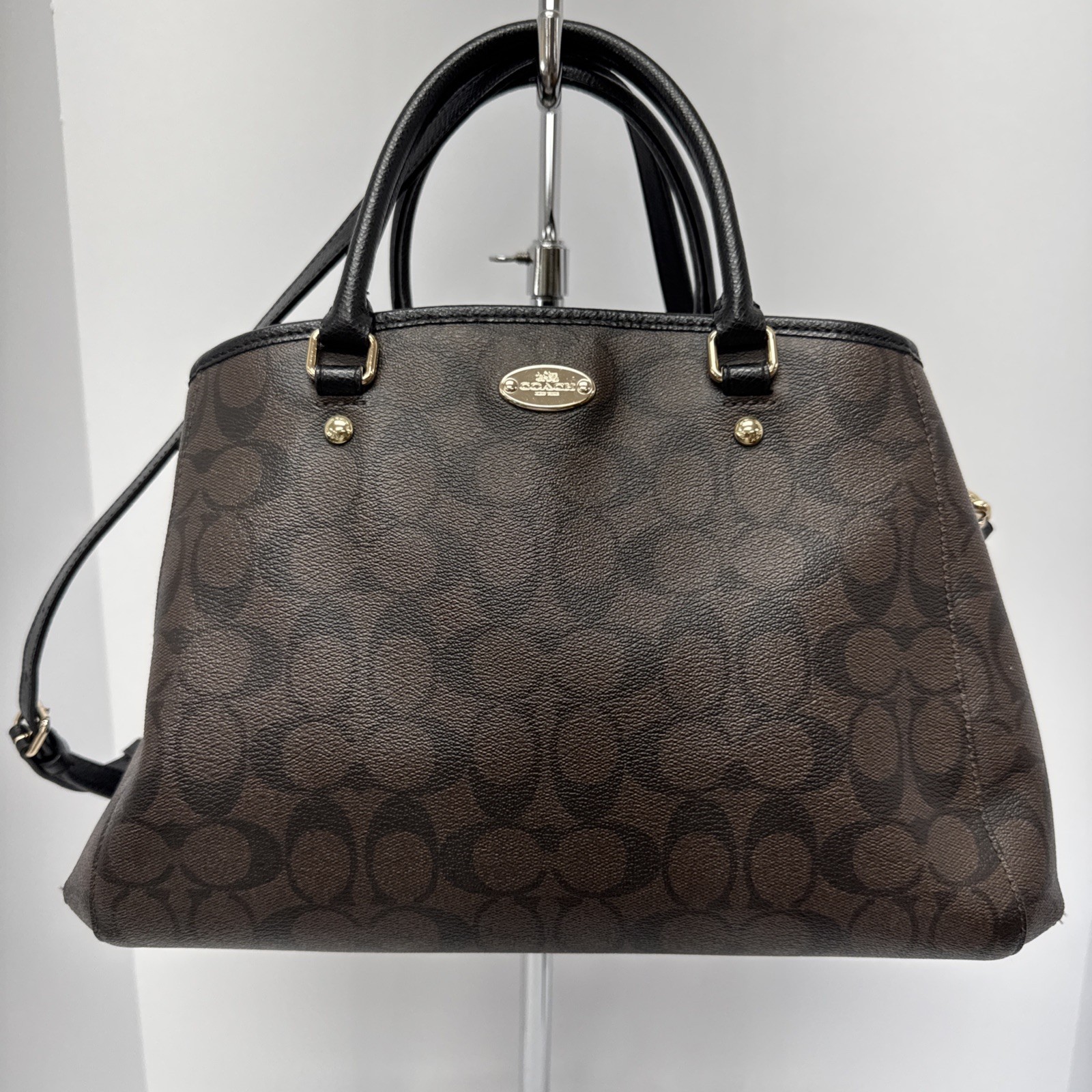 Coach Margot Medium Carryall F34608 Black/Brown Signature Coated Canvas Satchel