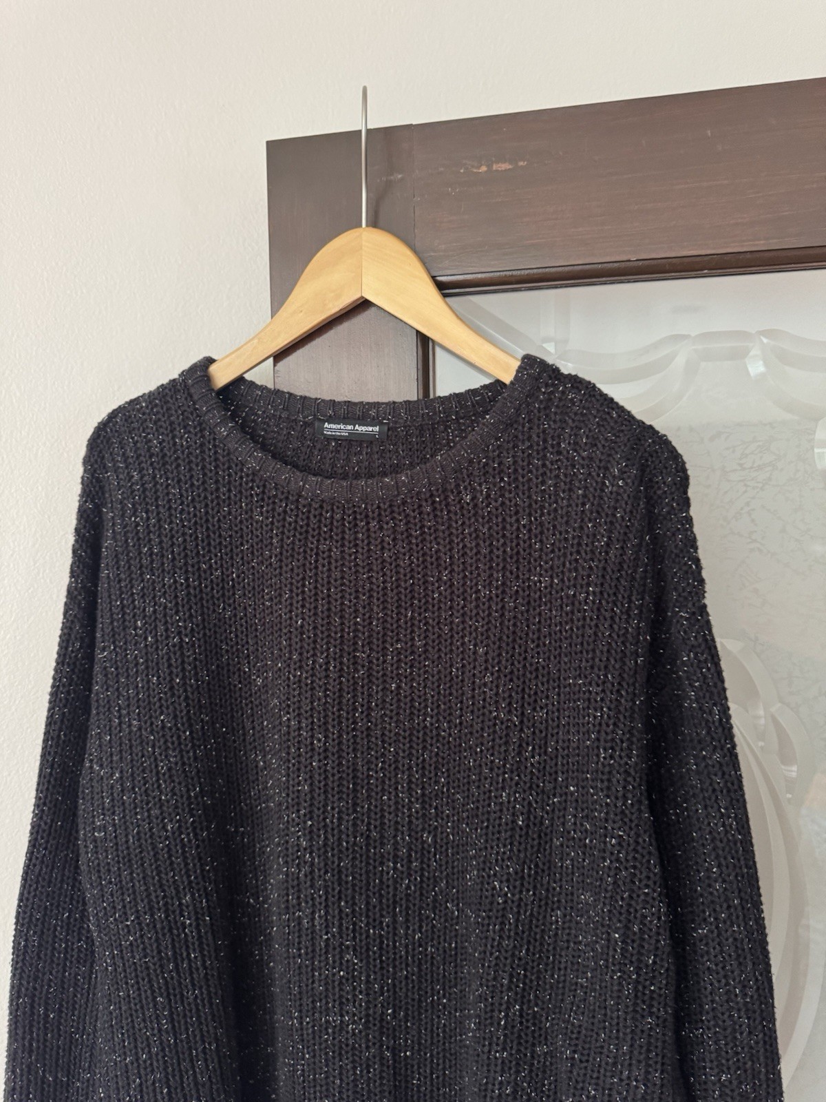 VTG American Apparel Fisherman Sweater Black Confetti White Fleck Knit USA L