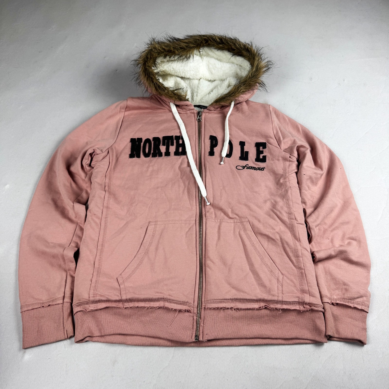 Womens Famous North Pole Sherpa Lined Fur Hood Full Zip Hoodie Jacket Pink Casua