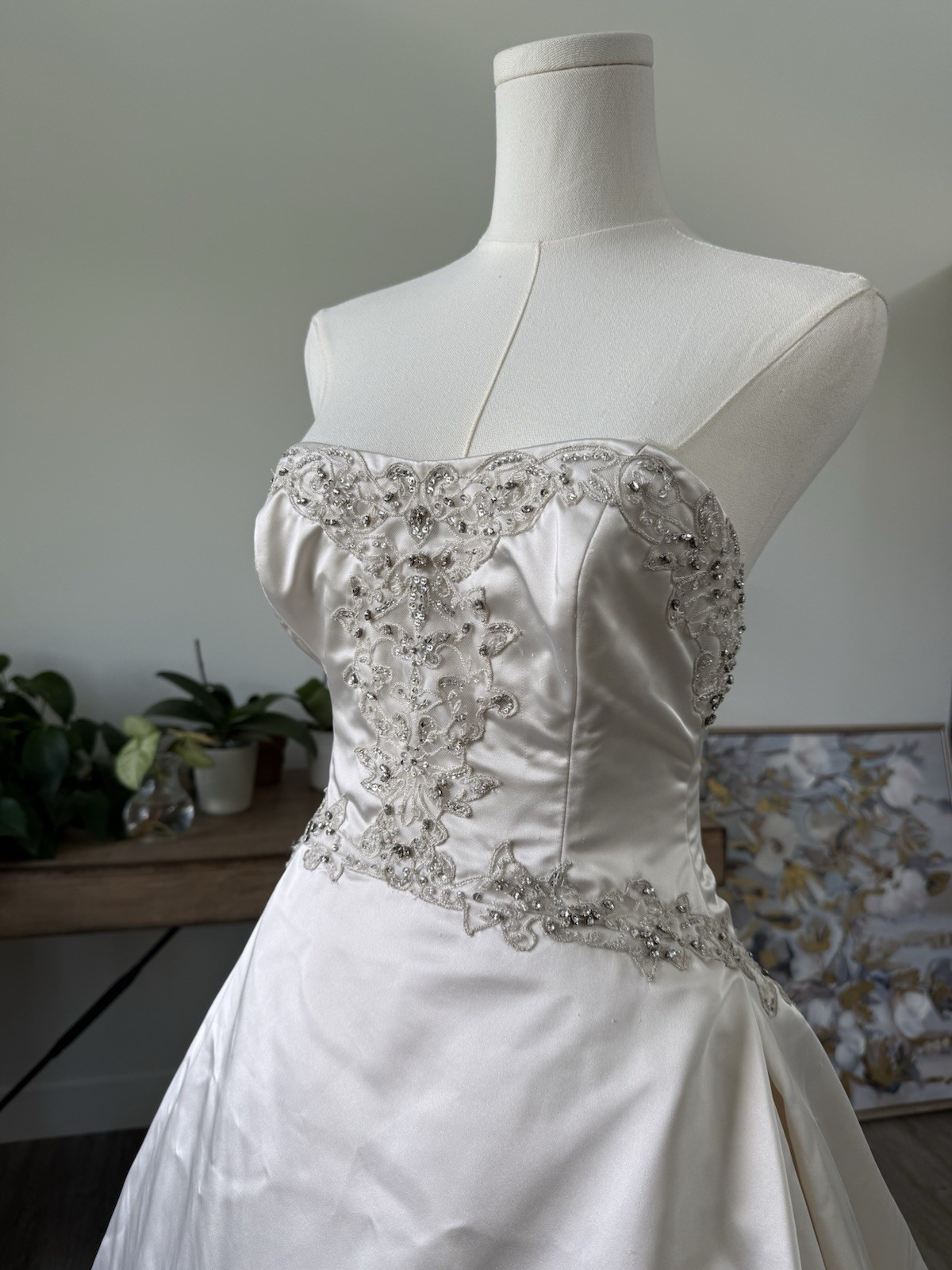 Kenneth Pool Strapless Beaded Satin Ball Gown Wedding Dress Corset Back Train