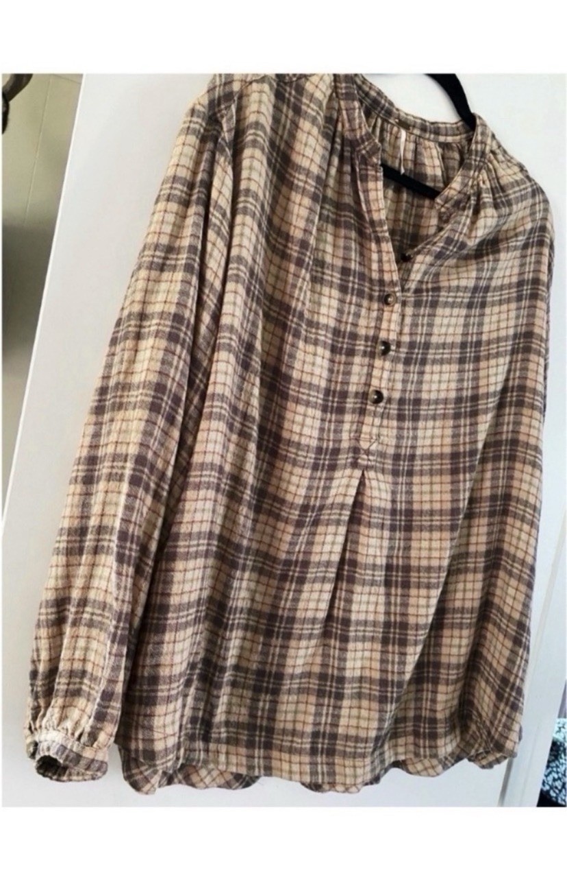 Free People Beige Plaid Oversized Boho Blouse Size Large