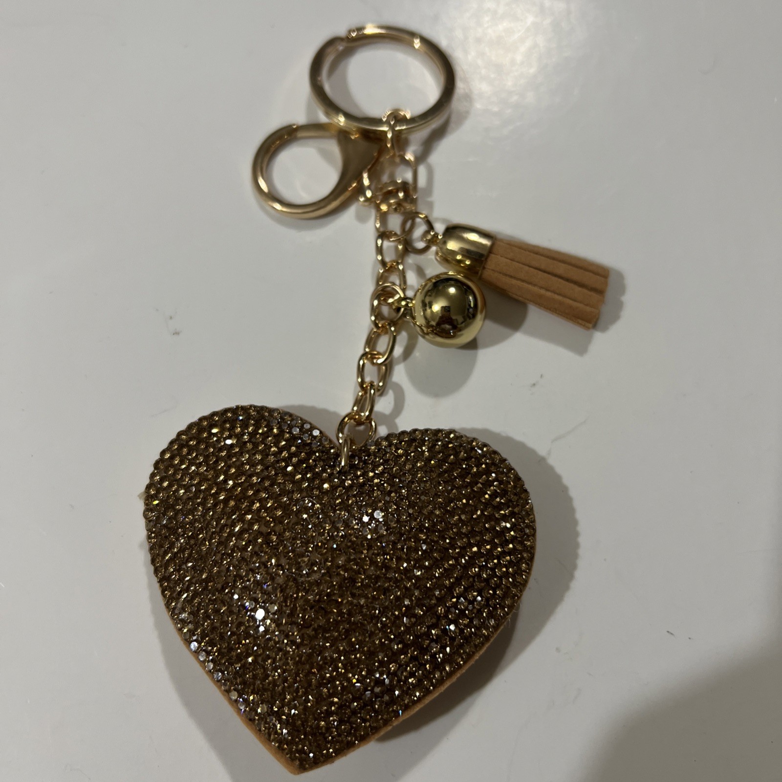 Rhinestones Heart Keychain Tassel Gold Tone