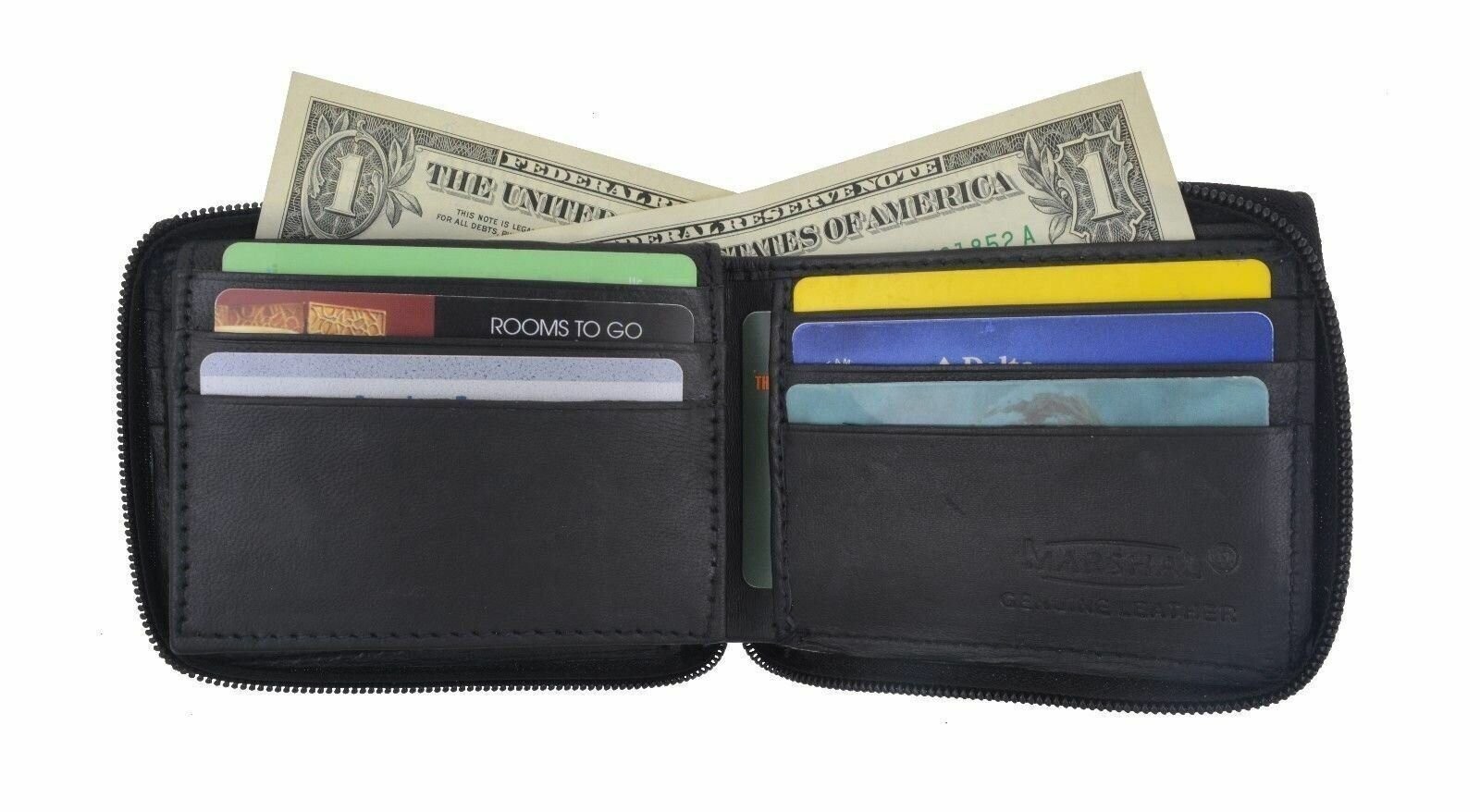 Men’s Genuine Leather Zipper Zip-Around Organizer Bifold Wallet Black Brown Tan!