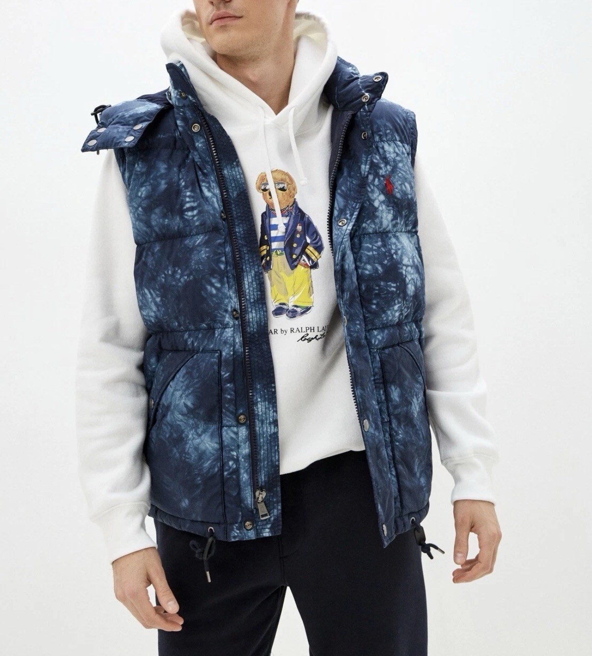 Polo Ralph Lauren Mens Convertible Tie-Dye Down Jacket Vest Hood Blue LARGE NEW