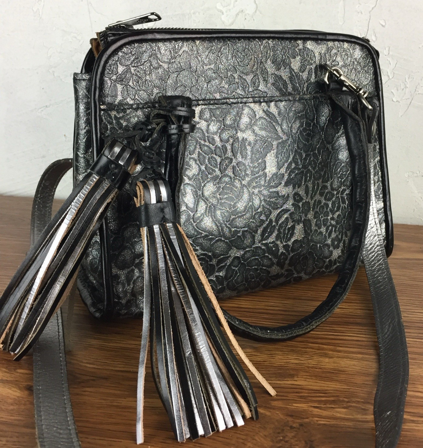 PATRICIA NASH Small Paris Glitter Rose Leather Satchel Crossbody Tassels