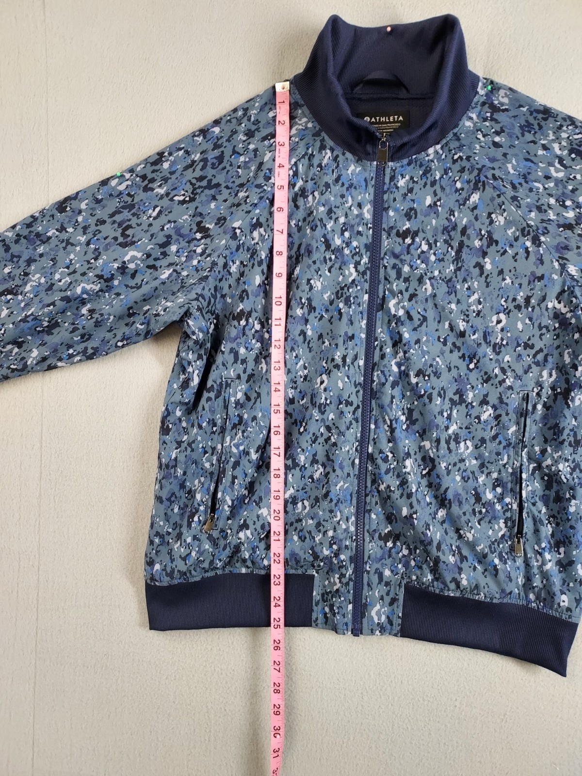 Athleta Women Bomber Jacket L Blue Cano Full Zip High Neck Pockets Outerwear