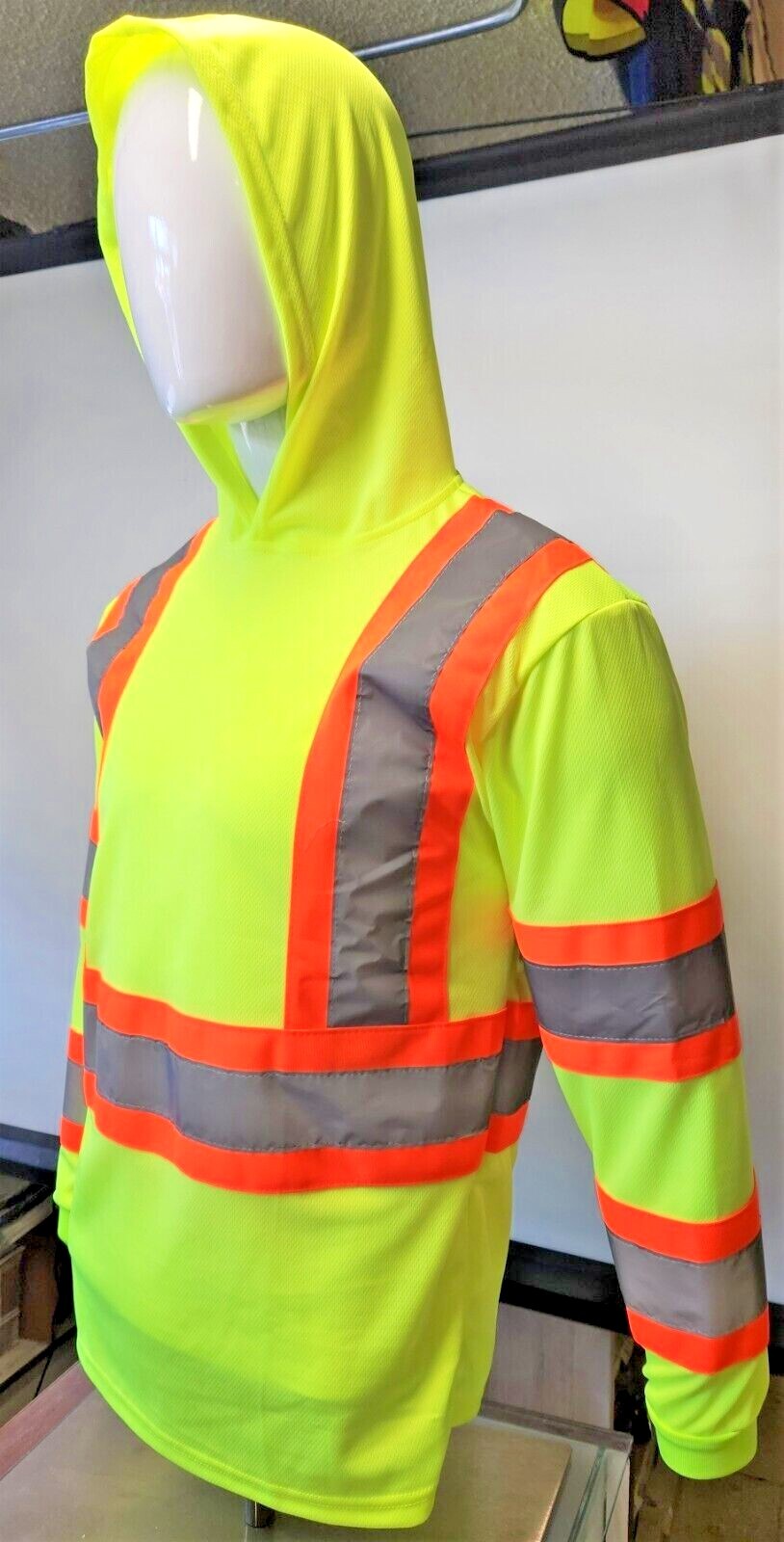 Class 3 Yellow Long Sleeve Safety Shirt With Hoodie, Polyester Birdeye mesh