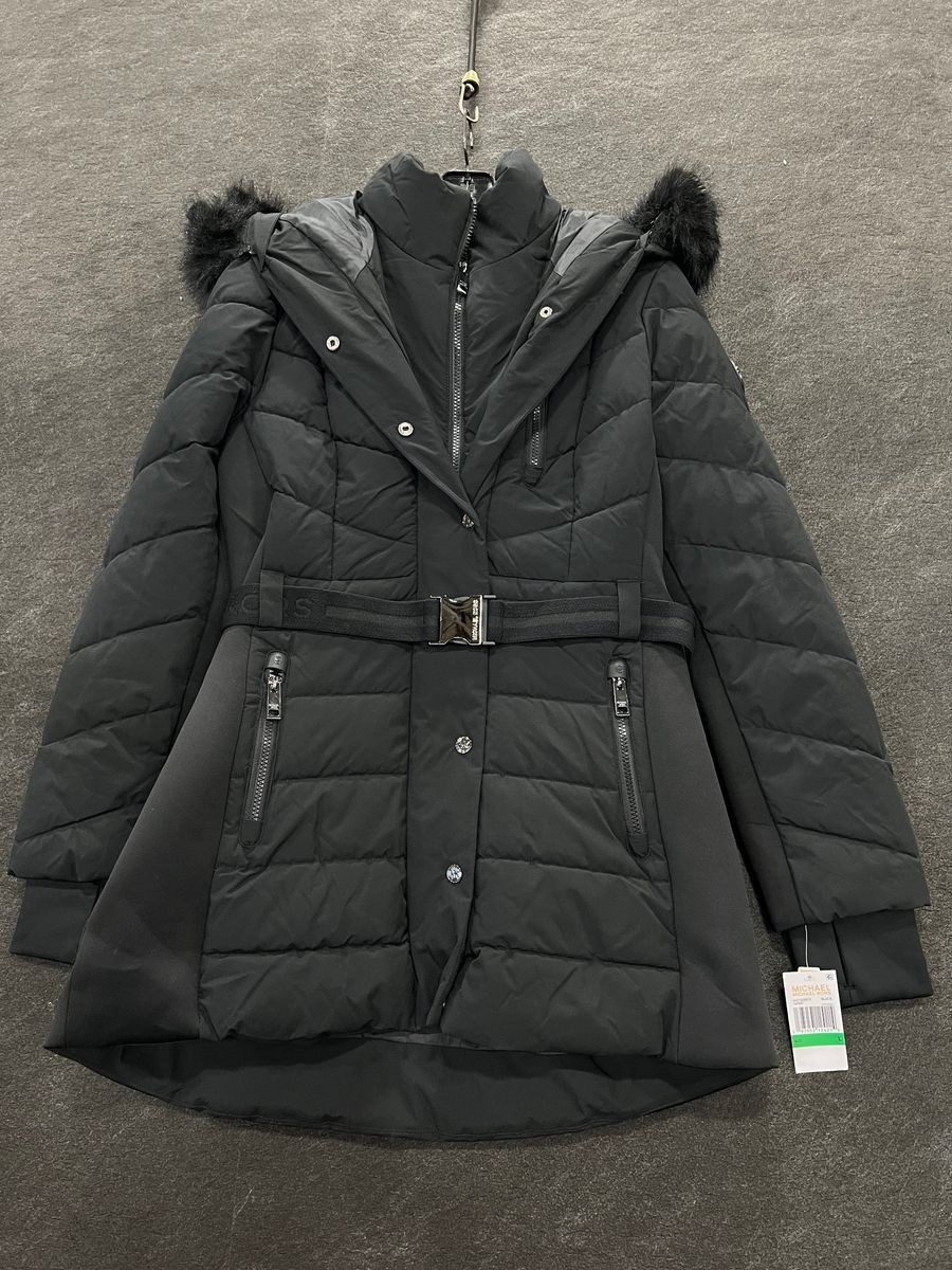 MICHAEL KORS Faux Fur Trim Quilted Puffer Coat Women’s Size L Black