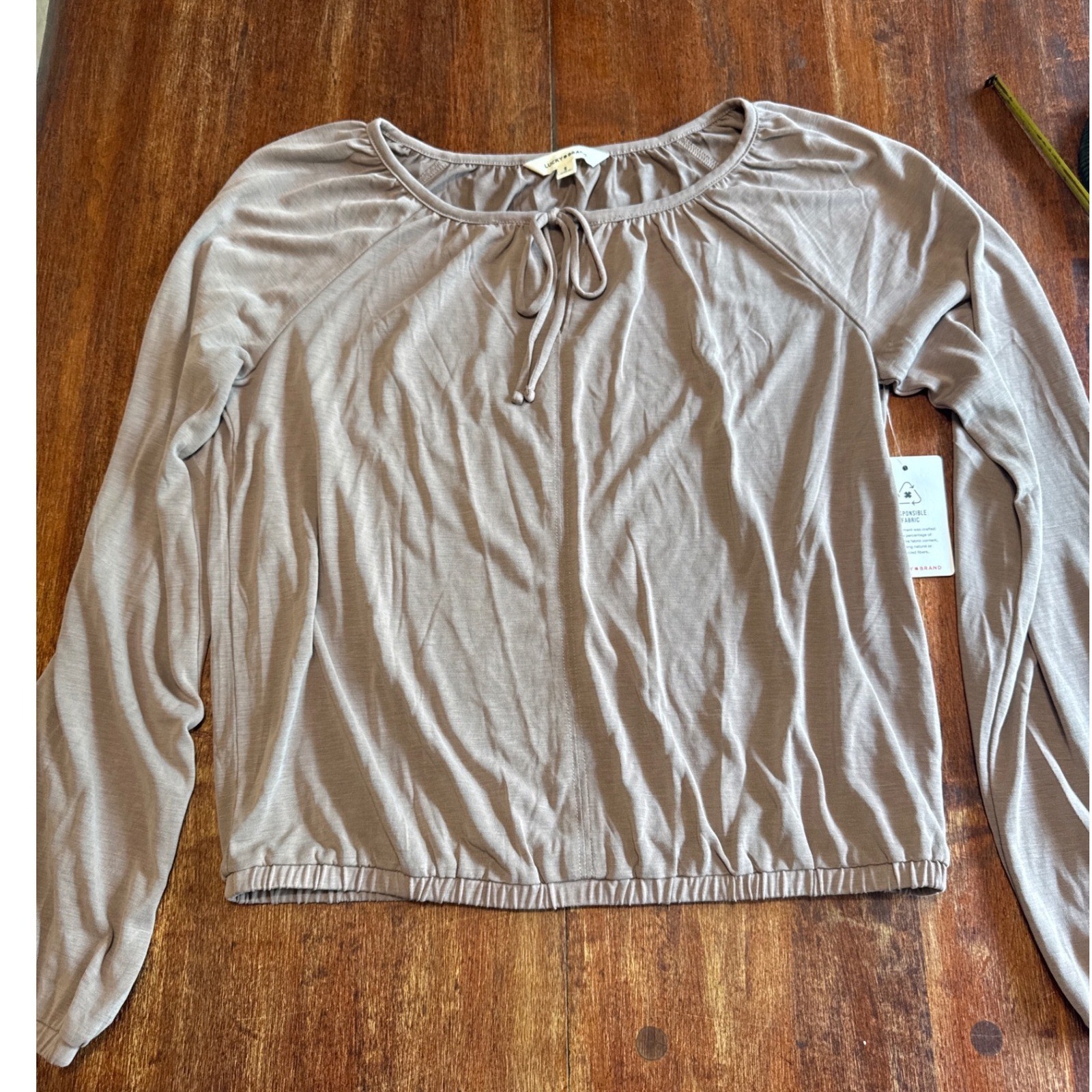Lucky Brand Womens Long Sleeve Peasant Top Taupe Brown Elastic Hem Small NEW