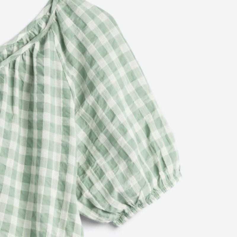 Brina & Em (L) Concetta Tie Front Top – Checkered Short Sleeve Button Front