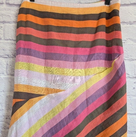 Alembika Colorful Stripe Linen Blend Midi Skirt 3 Pink Orange White Boho Artsy