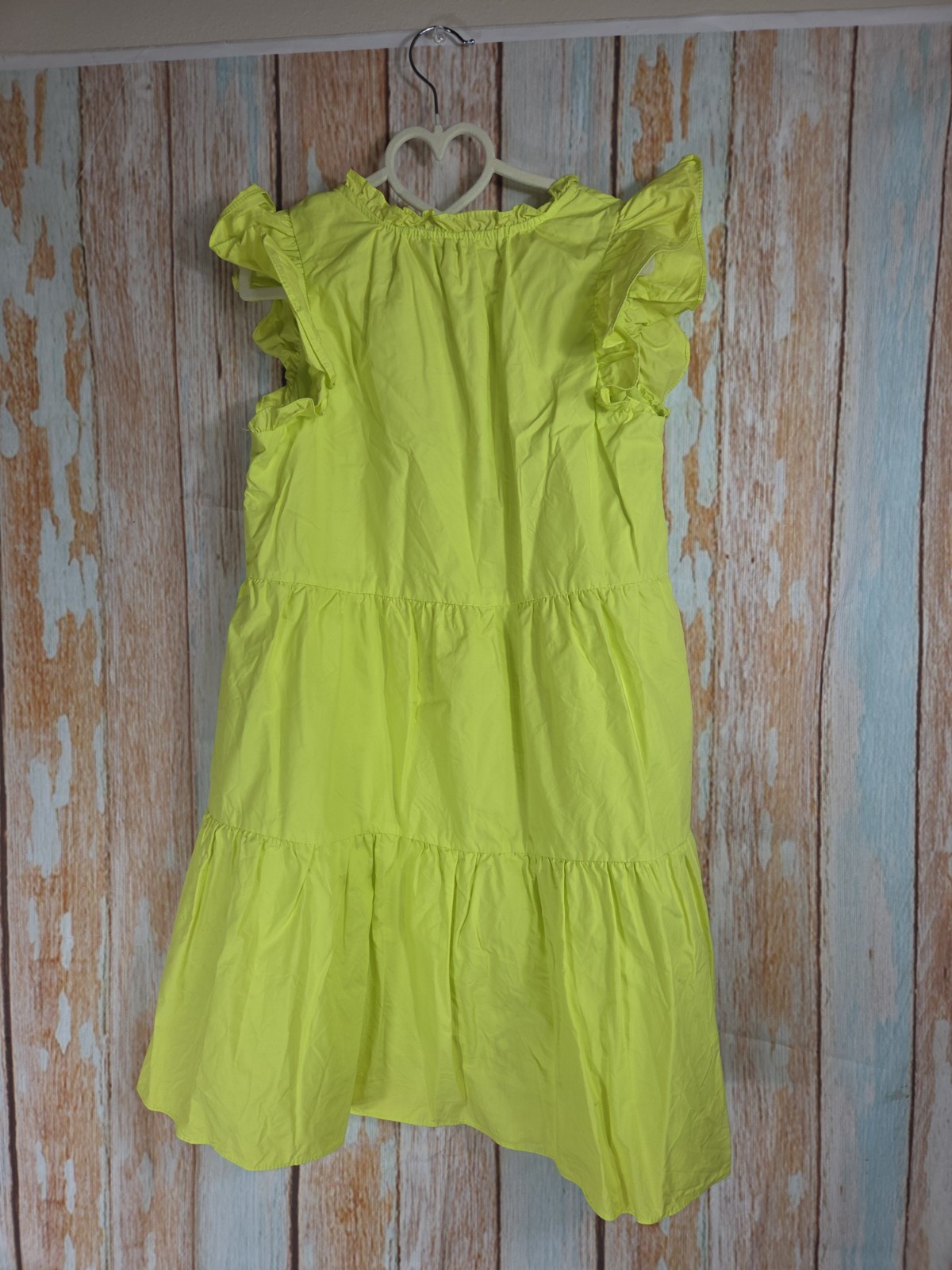 a loves a girls neon green. V-Neck Ruffle Sleeve A-Line. 100% cotton. Size L