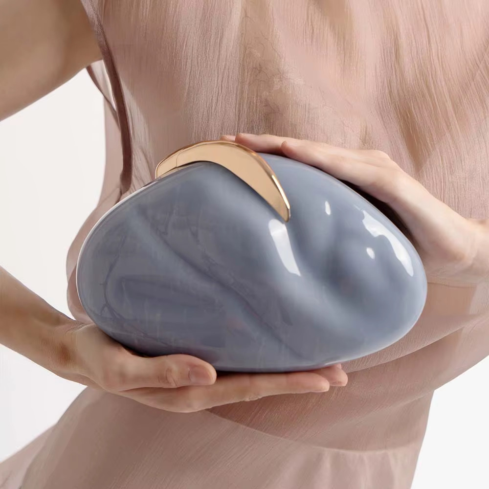 Flower Oval Egg Shell Clutch Bag Acrylic Pearl Beige Frame Purse Women Wedding E