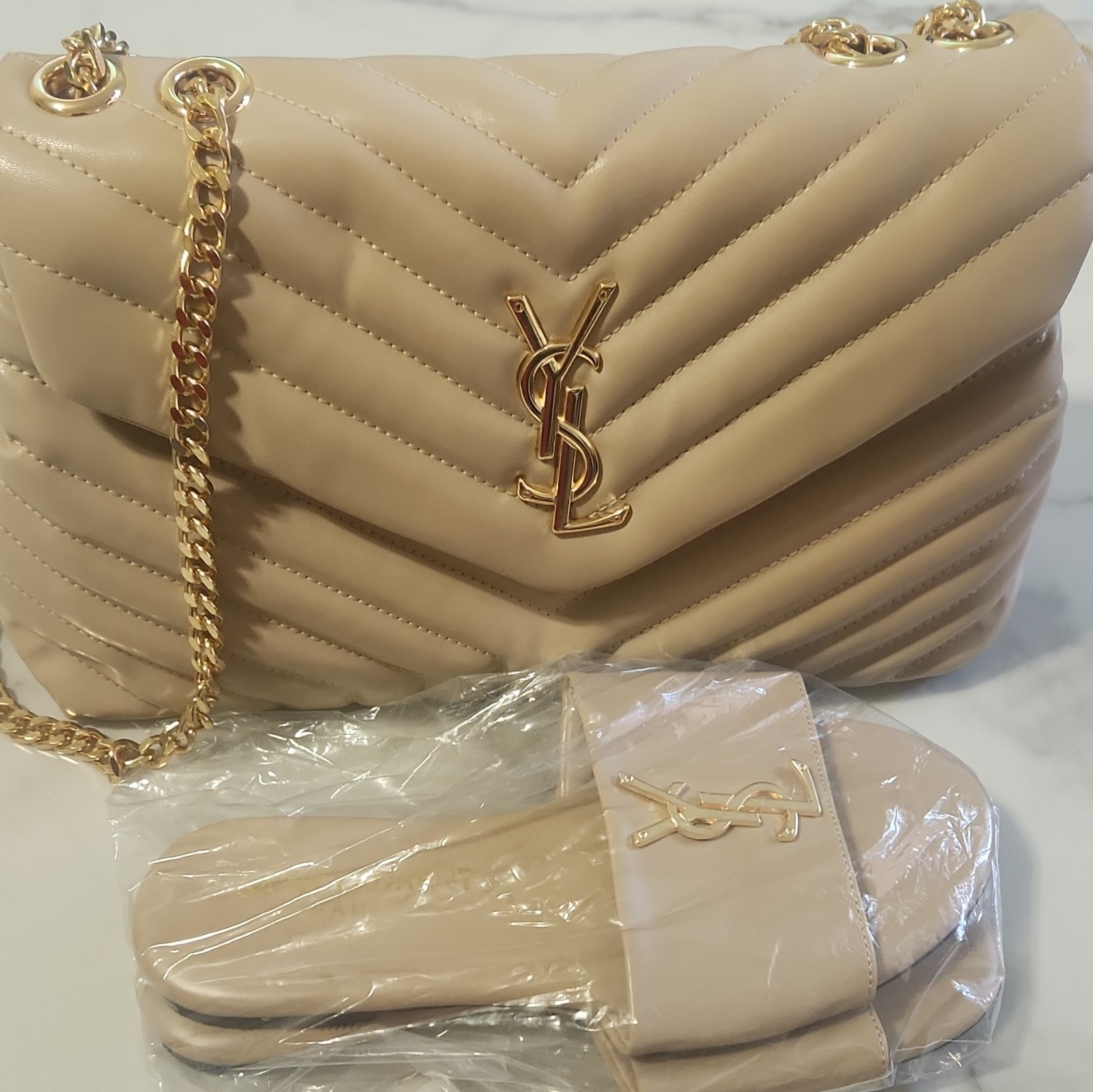 Saint Laurent Beige Quilted Chevron Medium Shoulder Bag Gold Chain Strap YSL