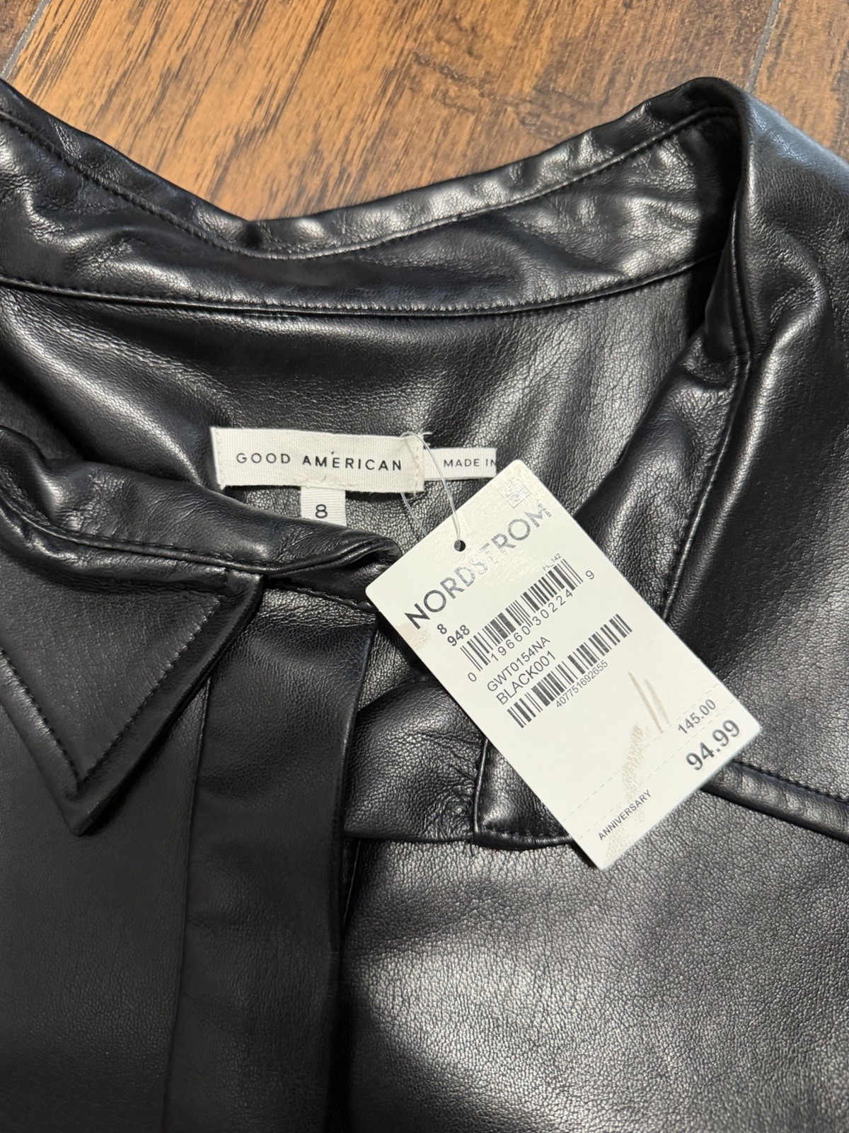 Good American Faux Leather Button Up Shirt Women’s Size 8 Black Long Sleeve NWT