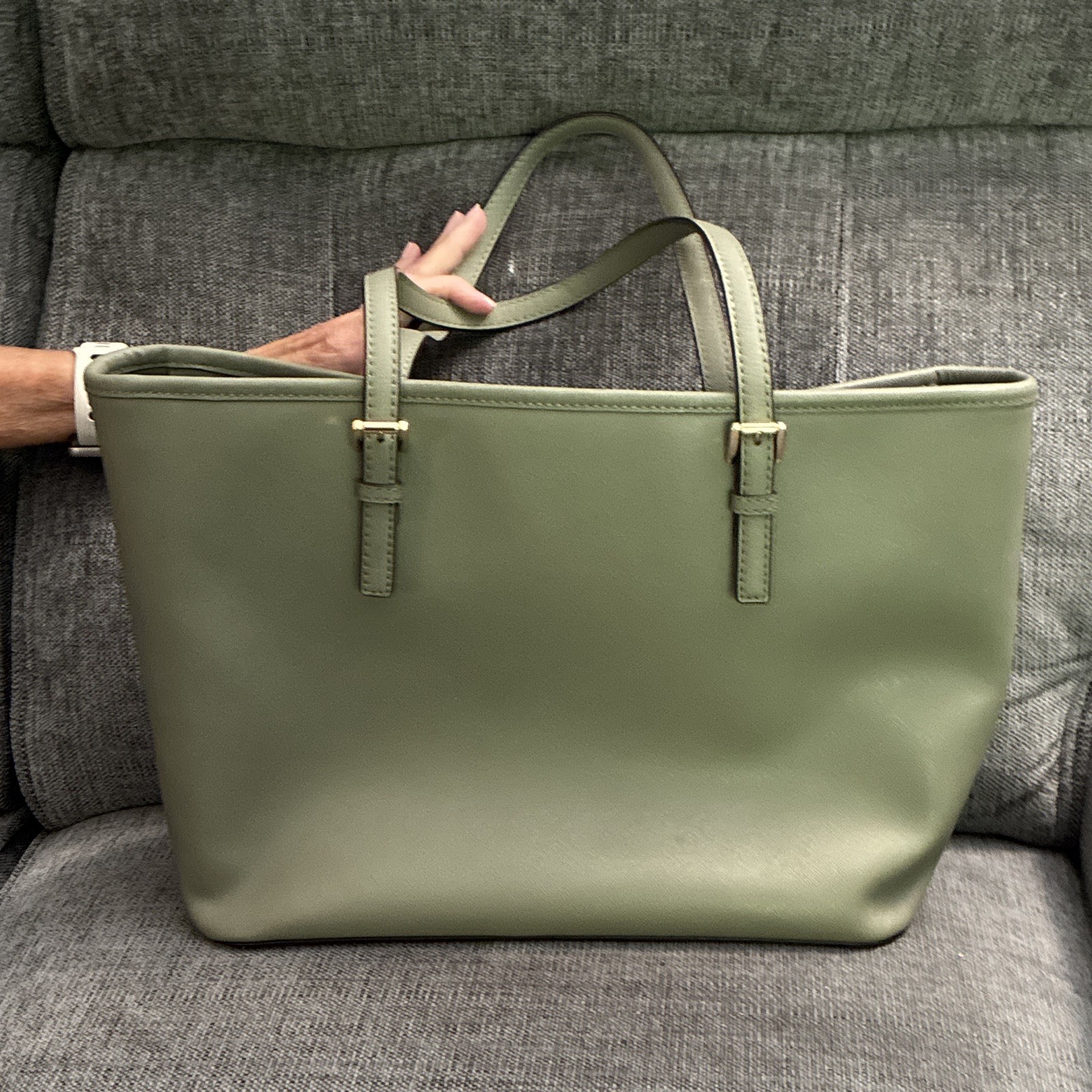 Michael Kors Green Large Tote Bag Zip Closure MK Charm Gold Hardware