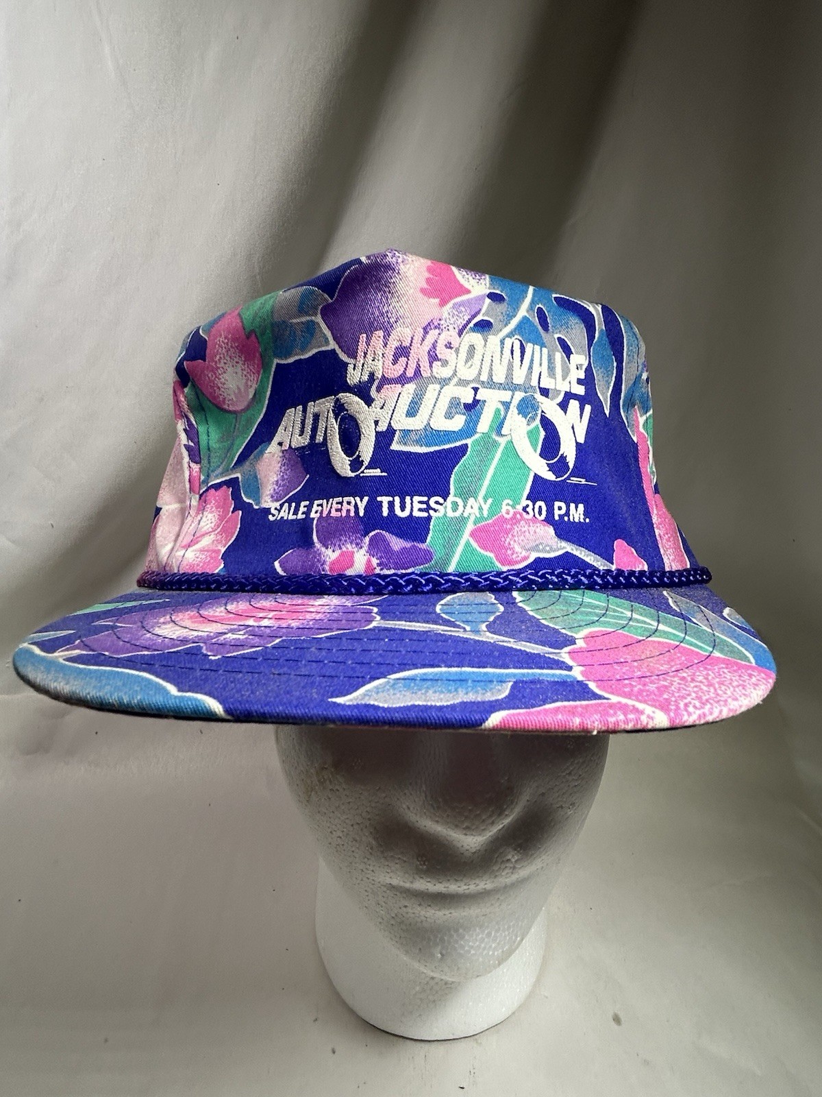 Vintage Jacksonville Florida FL Auto Auction Hat Mult Color Floral Rope Collect
