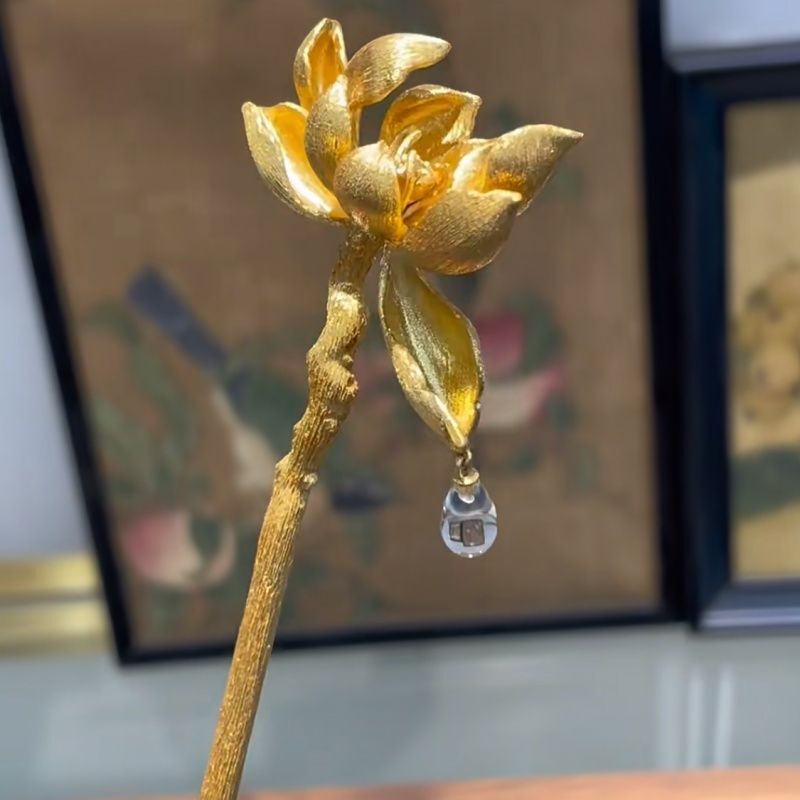 Lotus Hairpin Crystal Drop Chinese Style Gold Hair Stick Hanfu Qipao Accessory
