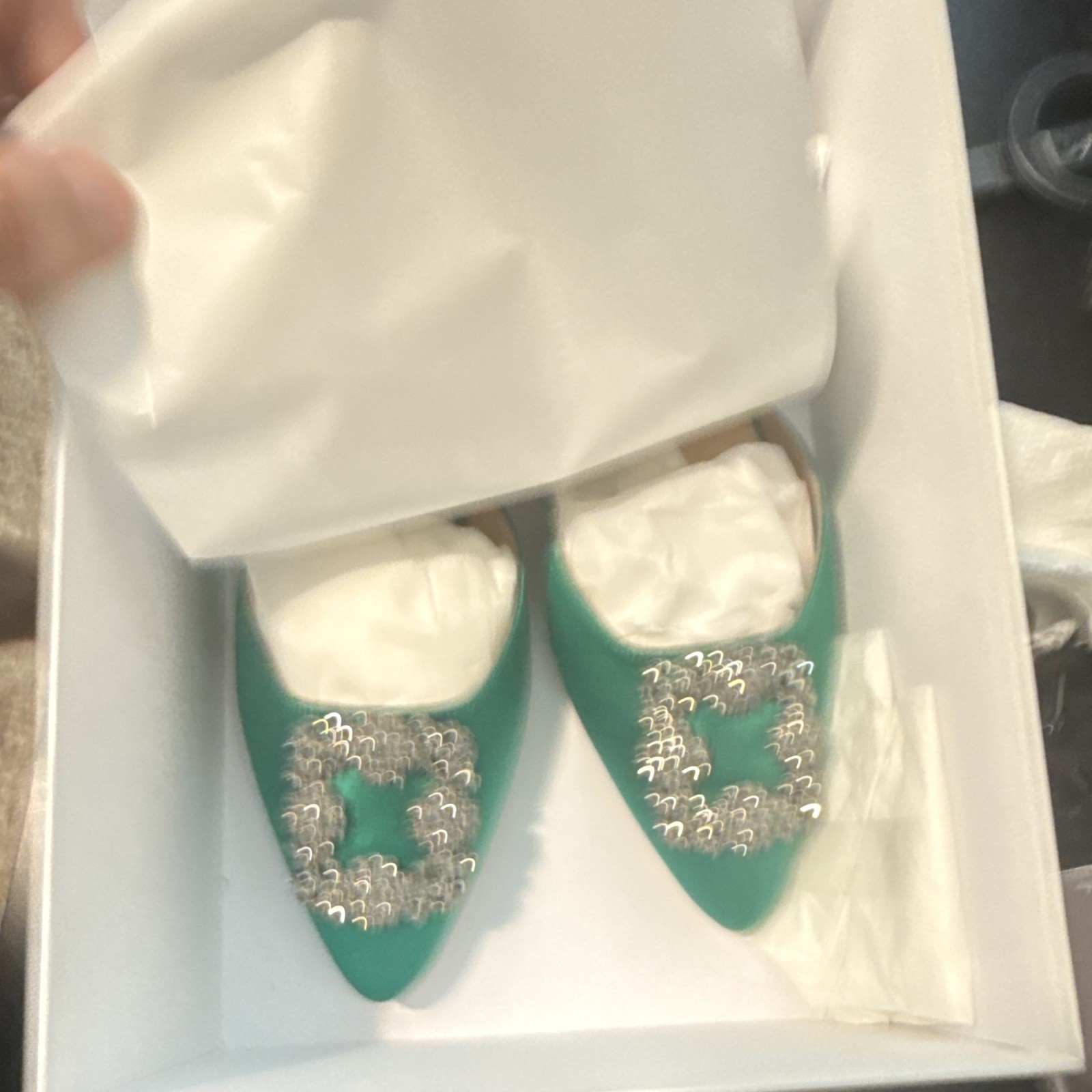 Manolo Blahnik Green Satin Rhinestone Pointed Toe Slip-On Mule Flats 6.5