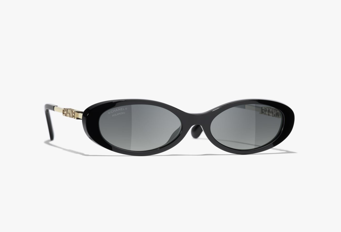 CHANEL Oval Polarized Sunglasses for Women Black Acetate/Metal Frame Gray Lens