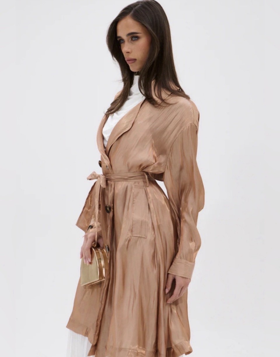 AKIRA Metallic Rose Gold Double-Breasted Trench Coat