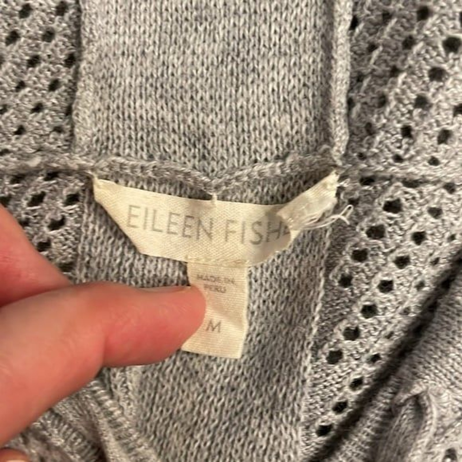 Eileen Fisher Gray Open Weave Hoodie Zip Front Sweater M
