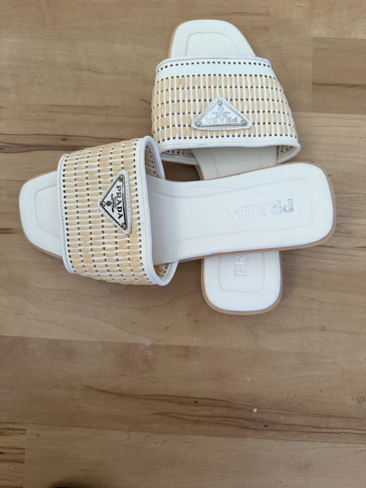 PRADA Women’s White Beige Logo Leather Slip-On Slide Sandals US 7 EU 37