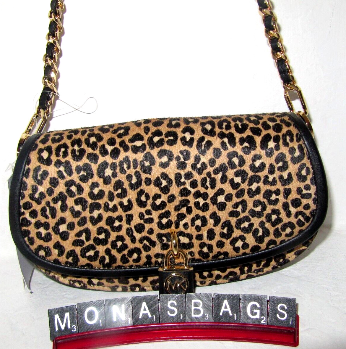 Michael Kors Mila Leopard Haircalf Small E W Chain Sling Messenger Bag NWT $328