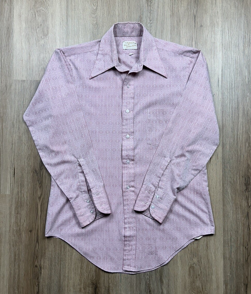 VINTAGE Arrow Kent Collection Light Red Pink Pinstriped Pocket Shirt Size 15-33