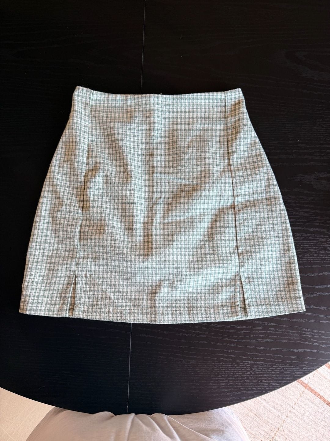 Brandy Melville Green and White Plaid Mini Skirt with Front Slits